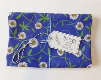 Luxury Blue Cotton Tea Towel with Daisies Flowers Print, Ideal Housewarming or Chef Gift, Made in UK