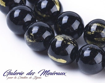 JADE MASHAN NOIR poudre d'Or gemme pierre fine naturelle en fil de perles rondes   en 6mm 8mm 10mm : création bijoux & loisirs créatifs