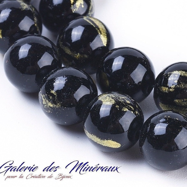 JADE MASHAN NOIR poudre d'Or gemme pierre fine naturelle en fil de perles rondes   en 6mm 8mm 10mm : création bijoux & loisirs créatifs