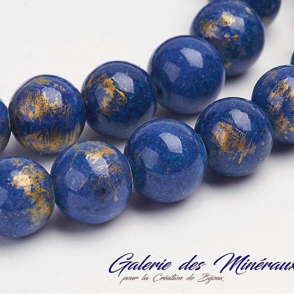 JADE MASHAN BLEU nuit poudre d'Or gemme pierre fine naturelle en lot perles rondes   6mm 8mm 10mm : création bijoux & loisirs créatifs