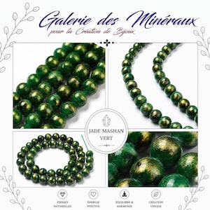Könnte beinhalten: Eine Sammlung runder, polierter grüner und goldener Mashan-Jade-Perlen in verschiedenen Ansichten. Das Bild enthält den Text Galerie des Minéraux pour la Création de Bijoux und JADE MASHAN VERT sowie Symbole für natürliche Edelsteine.