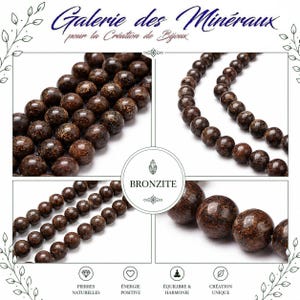 Op de afbeelding: Een verzameling ronde, gepolijste bronziet kralen in verschillende opstellingen. De afbeelding bevat de tekst "Galerie des Minéraux pour la Création de Bijoux" bovenaan en "BRONZITE" in een centrale cirkel, met iconen voor natuurstenen.
