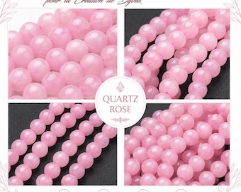 May include: A collection of smooth, round, light pink rose quartz beads arranged in multiple rows and clusters. The image features the text "Galerie des Minéraux pour la Création de Bijoux" at the top and "QUARTZ ROSE" in a central circular emblem.