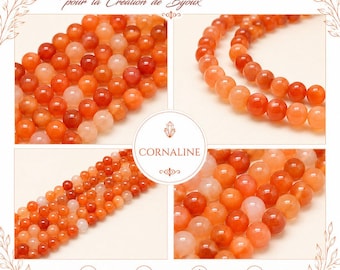 May include: A collection of round, polished carnelian beads in various shades of orange and red. The image features four distinct views of the beads arranged in rows and strands, with the text CORNALINE displayed in a central circular emblem.