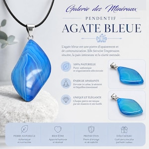Peut inclure: Un pendentif en agate bleue sur un cordon noir, composé d'une pierre polie aux formes irrégulières et aux bandes visibles. L'image contient le texte : Galerie des Minéraux, PENDENTIF AGATE BLEUE, 100% NATURELLE, ÉNERGIE APAISANTE, UNIQUE ET ÉLÉGANTE, PIERRE NATURELLE, BIEN-ÊTRE, PROTECTION, IDÉE CADEAU.