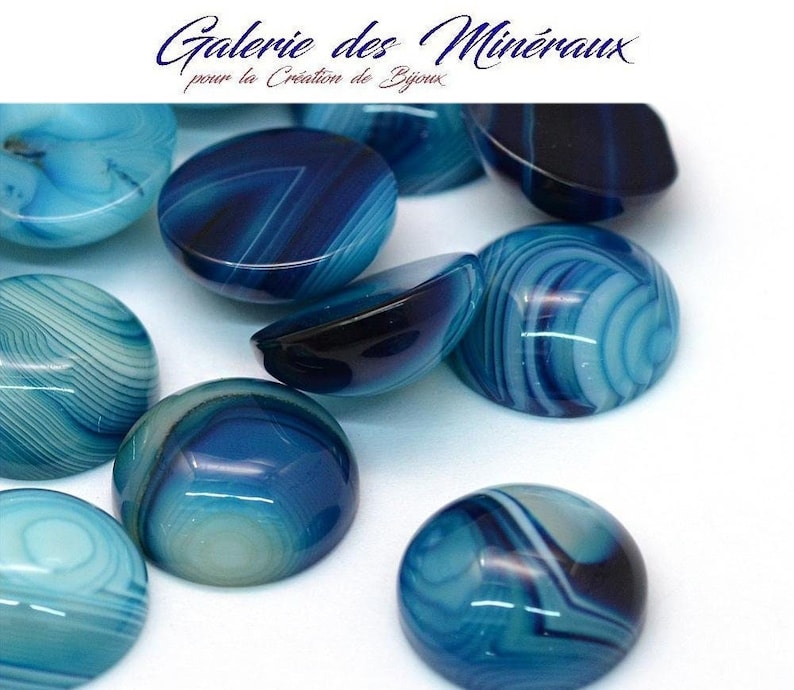 AGATE BLEUE gemme pierre fine naturelle en cabochon rond en 16mm et 20mm : création bijoux, macramé et loisirs créatifs image 1