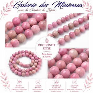 Könnte beinhalten: Eine Sammlung runder, polierter Rhodonit-Perlen in Rosa- und Pinktönen. Das Bild zeigt mehrere Stränge von Perlen in den Größen 6mm, 8mm und 10mm, beschriftet als Rhodonite Rose. Der Text Galerie des Minéraux ist oben zu sehen.