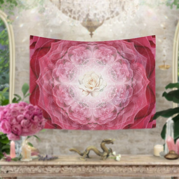 NEW Dragon Rose Altar & Oracle Cloth "Purity Through Aligned Passion" - (Rose) Specialty Designed Sacred Geometry Divine Feminine Tapestry