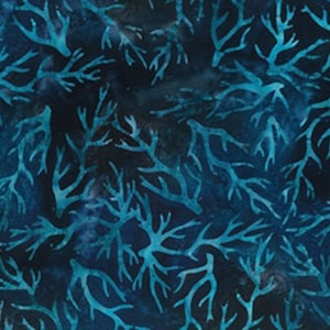 May include: Blue fabric with a repeating pattern of light blue stylized branches on a dark blue background.