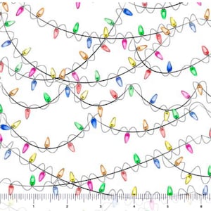 May include: A white background with a repeating pattern of colorful Christmas lights strung on black wires. The lights are in various colors, including red, green, blue, yellow, and pink.