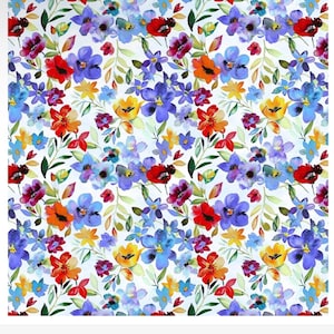 May include: A white fabric featuring a watercolor floral pattern with blue, red, orange, and yellow flowers and green leaves. A ruler at the top shows a width of 12 inches. The text 2BDN-2 Blue Garden is printed at the bottom of the image.