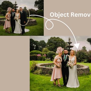 Puede incluir: Un grupo de bodas posa para una foto frente a una fuente. La novia lleva un vestido blanco y el novio lleva un traje negro. Las dos damas de honor llevan vestidos rosas.