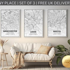 UK City Map Prints 3er-Set | Benutzerdefinierte Straßenkarten | Personalisierte Stadt Karte | Wall Art Map Poster | Alle Städte des Vereinigten Königreichs verfügbar | England, Schottland