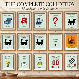 May include: A collection of 15 framed wall art prints featuring iconic Monopoly board game spaces. Each print displays classic illustrations and text like Community Chest, Free Parking, Go To Jail, Chance, various train stations, and Go.