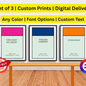 Gepersonaliseerde monopolie print muurkunst poster set van 3 housewarming cadeau nieuwe eigenaar, aangepast eigendom Elke straatnaamnummer thuisbordspel