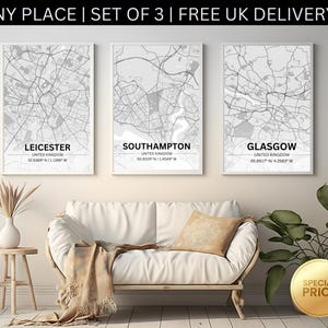 Impression de carte de la ville du Royaume-Uni personnalisée en téléchargement numérique | 3 villes incluses | Art mural personnalisé | Décoration d'intérieur moderne | Fichier PDF PNG