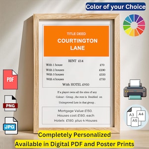 Personalisierte Monopoly Print Wand Kunst Poster Benutzerdefinierte Titel Urkunde Eigentum Neue Wohnkultur Geschenkidee Jeder Straßenname Nummer Brettspiel Drucke PDF