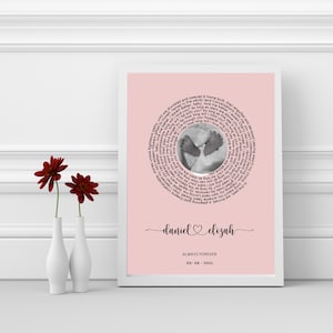 Letras de canciones personalizadas, arte mural con foto, impresión de primer baile, póster de vinilo, regalo de aniversario perfecto para él o para ella.