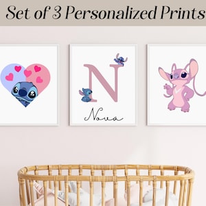 Decoración de pared para habitación infantil personalizada en rosa y azul, regalo personalizado con el nombre de la abuela, juego de 3 impresiones con el primer alfabeto de dibujos animados para padres de recién nacidos