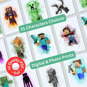 Personagens de videogame em aquarela | Impressões personalizadas de personagens de jogos | Arte de parede personalizada | Decoração de quarto de menino | Arte de pôster para quarto infantil