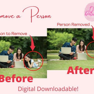 May include: Before and after image showing how to remove a person from a photo. The before image shows three people sitting on a green lawn, one of whom is lying down. The after image shows the same scene, but the person lying down has been removed.