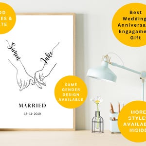Impresión personalizada de matrimonio, recién casados, promesa de meñique, regalo de boda, manos, arte lineal, idea de regalo de aniversario, impresión, póster de pareja, arte de pared, impresiones