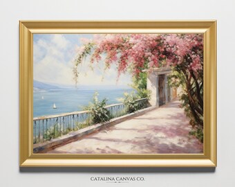 Panoramic Italian Mediterranean Vista - Landscape Oil Painting Style Digital Print Wall Art JPG File For House Decor - Instant Download