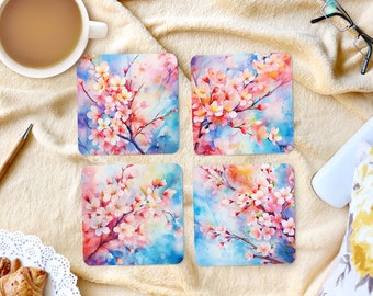 Sublimation quadratische Untersetzer - Aquarell Frühlingsbäume - 4 individuelle Untersetzer Designs - PNG Download