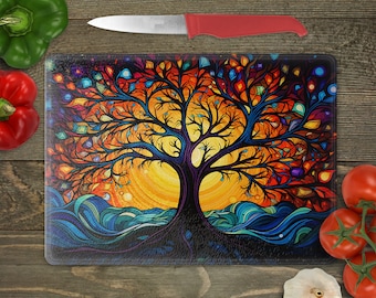 Glass Cutting Board Sublimation - Stained Celestial Tree - Cutting Board Design - 15.5 x 11.25 Inch - PNG Download-