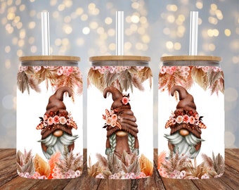 Boho Gnomes - Libbey Can Sublimation - 16oz Glass Can Wrap - PNG Design