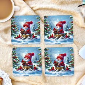Sublimation Square Coasters - Red Winter Gnome - Coaster Design - PNG Download