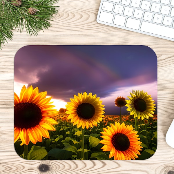 Rainbow Over Sunflower Field - Rectangle Mouse Pad Sublimation - Mouse Pad PNG Design Instant Download