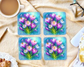 Quadratische Sublimationsuntersetzer - Aquarell Krokusblumen - 4 Untersetzer Designs - PNG Herunterladen
