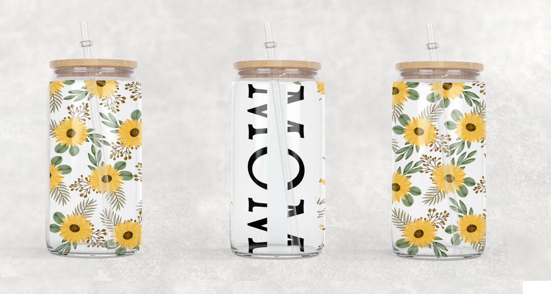 16oz Libbey Glass Can Sublimation Mom Sunflower Add Text Wrap PNG ...