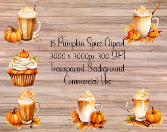 Puede incluir: Un conjunto de 15 ilustraciones digitales en acuarela que representan lattes de especias de calabaza, cupcakes y calabazas. Las ilustraciones están sobre un fondo transparente y miden 3000 x 3000 píxeles a 300 DPI. El texto "15 Pumpkin Spice Clipart 3000 x 3000px 300 DPI Transparent Background Commercial Use" está incluido en la imagen.
