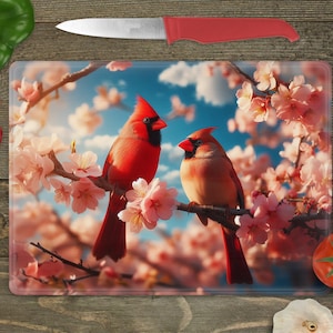 Glass Cutting Board Sublimation -Cardinals and Flowers - Cutting Board Design - 15.5 x 11.25 Inch - PNG Download-