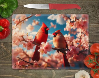 Glass Cutting Board Sublimation -Cardinals and Flowers - Cutting Board Design - 15.5 x 11.25 Inch - PNG Download-