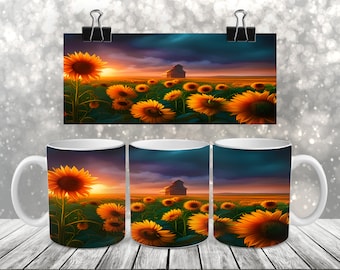 Sonnenblumenfeld bei Sonnenuntergang - Sublimationskaffeetassenverpackung - PNG Designs
