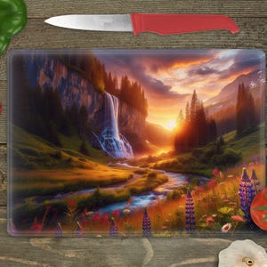 Glass Cutting Board Sublimation -Waterfall in the Mountains - 15.5 x 11.25 Inch - PNG Download - Digital Download-