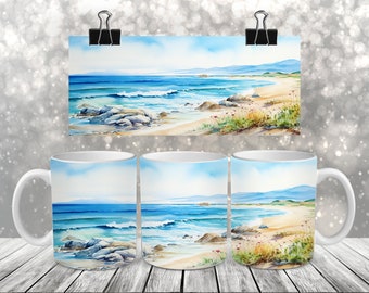 Sublimation Coffee Mug - Watercolor Beach - Coffee Mug Wrap PNG Design