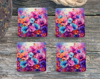 Sublimation Square Coasters - Abstract Flowers - Set of 4 Coaster Design - PNG Download