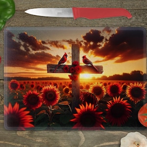 Glass Cutting Board Sublimation - Cardinals on A Cross - 15.5 x 11.25 Inch - PNG Download - Digital Download-