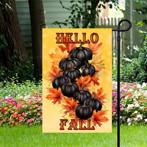 Hello Fall - Black Pumpkins - Garden Flag 12&quot;x 18&quot; - Garden Flag - PNG Digital Download