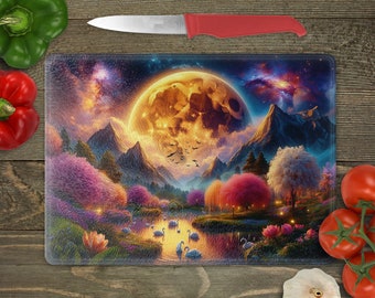 May include: A glass cutting board with a colorful fantasy scene featuring a large moon, mountains, trees, and a river with swans. The background is a starry night sky.