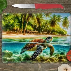 Glass Cutting Board Sublimation - Sea Turtle In The Tropics - Cutting Board Design - 15.5 x 11.25 Inch - PNG Download-