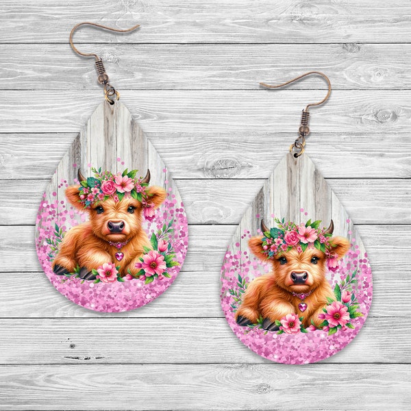 Teardrop Earring Png, Highland Cow Pink Glitter Earrings, Cow Sublimation Designs, Highland Cow Earring Design Png, Earring PNG Design