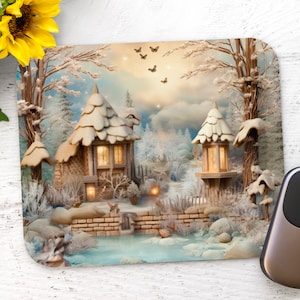 May include: A winter wonderland scene with two small houses covered in snow, surrounded by trees and a frozen stream. The houses have warm lights glowing in the windows, and there are butterflies flying in the sky.