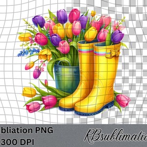 Spring Rain Boots and Tulips - Watercolor Clipart - PNG Digital Clipart - Scrapbooking - Transparent Background