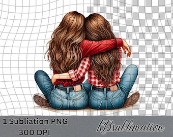 Brunette Best Friends - Watercolor Clipart - PNG Digital Clipart - Scrapbooking - Transparent Background