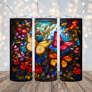 20oz Sublimation - Stained Glass Butterflies - Straight Tumbler Wrap PNG Design- 20oz Skinny Tumbler Wrap Design